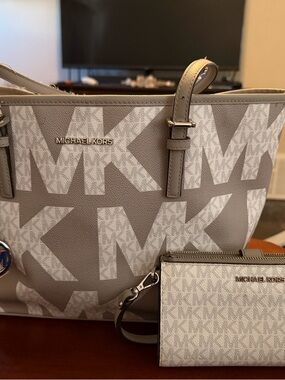 Michael Kors Taupe and Cream MK Logo Tote with Matching Wristlet